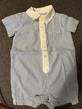 Hope and Henry Blue Seersucker Baby Shortall Romper 3-6 Months